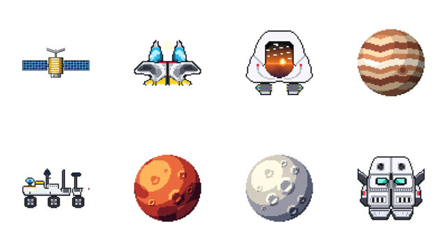 A collection of retro pixel art icons depicting space exploration elements , including planets, a spaceship, rover, robot, and satellite.