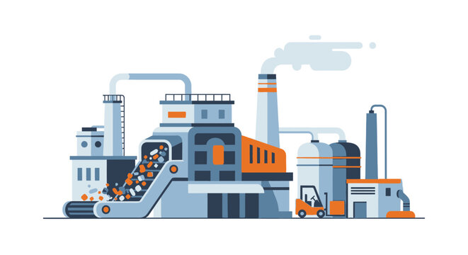 Modern Industrial Factory Illustration with Conveyor Belt, Production Line, and Forklift. Flat Vector Design for Manufacturing & Logistics.