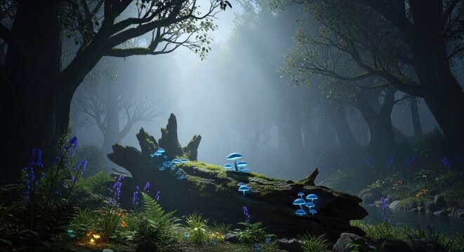 Mystical forest scene with glowing mushrooms and fallen log in atmospheric light