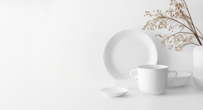 Minimalist white background with empty dishware and storage container