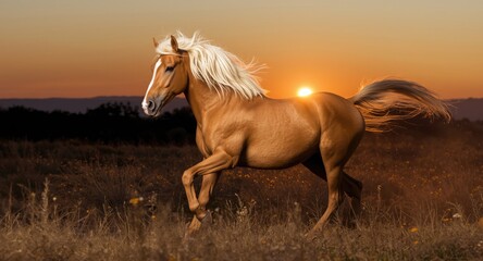 Obraz premium Golden horse with bright white mane galloping across a peaceful sunset scene