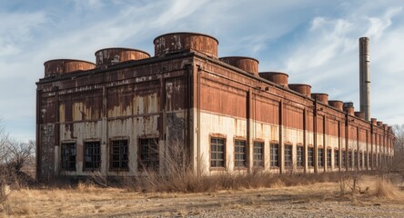 Rusty decommissioned cooling plant exterior view