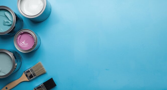 Renovation paint set with metal cans and brushes on blue background for apartment interiors
