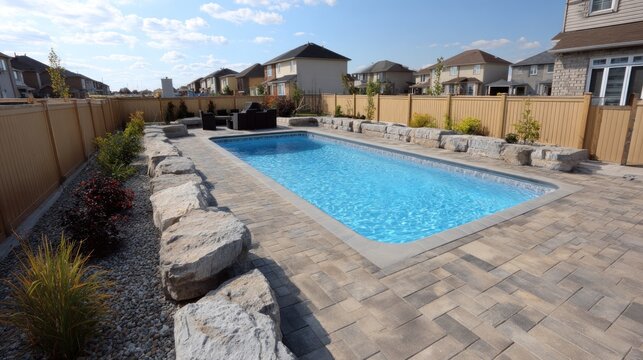 Outdoor swimming pool surrounded by paved patio and wooden fence on sunny day