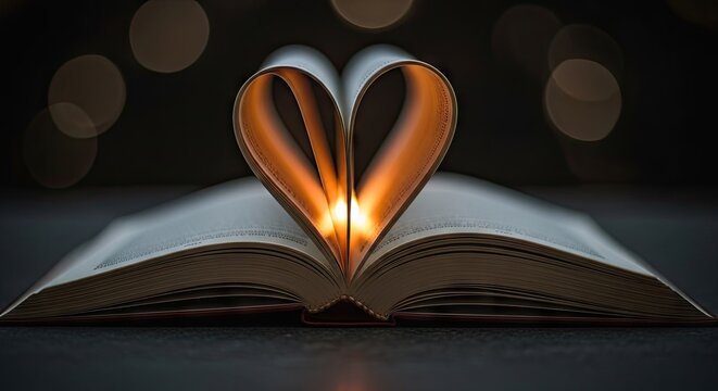 Open book with pages forming a heart shape against a blurred background