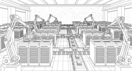 Fototapeta premium Robotic arms working in a modern industrial manufacturing facility, assembly line.