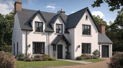 Modern two story house exterior rendering with dark roof and windows