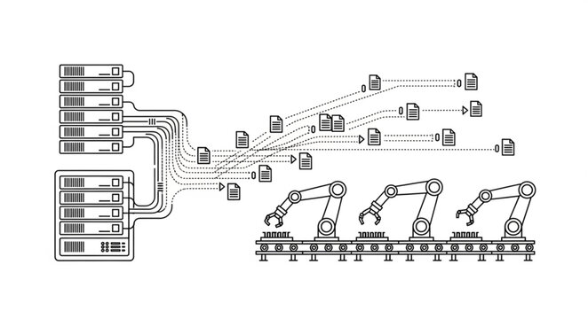 Automated industrial robotic arms working on a production line in a factory setting.