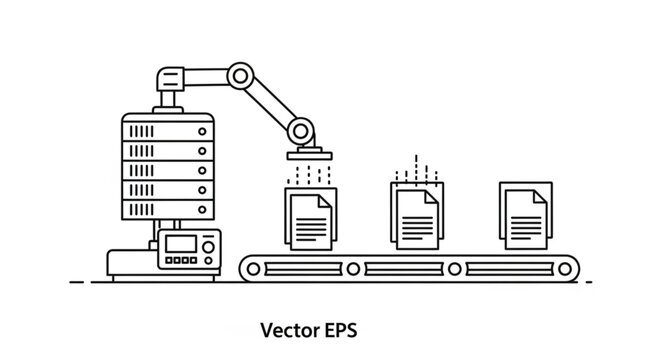Automated document processing system with robotic arm and conveyor belt.