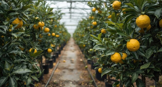 Natural greenhouse environment showcasing yellow pomelo fruits on citrus trees with copy space