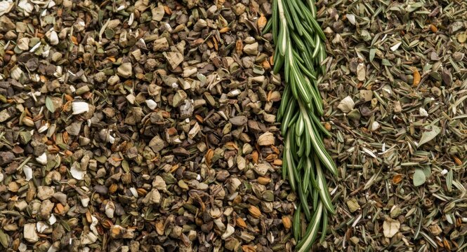 Herbal assortment of dried thyme marjoram oregano and rosemary in crushed and whole state
