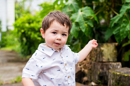 Toddler boy standing in the lush green backyard pointing toward a direction
