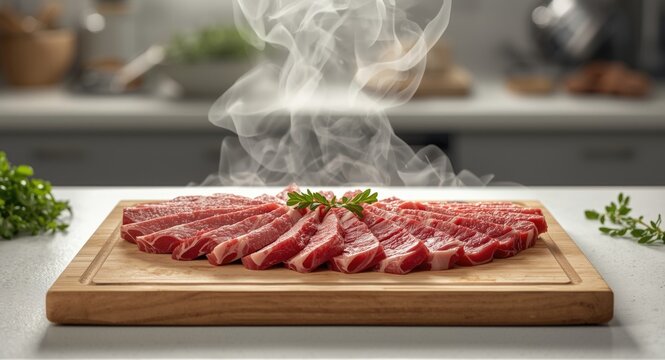 Sliced raw beef arranged for steak minion dish in culinary training