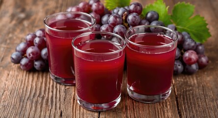 Naklejka premium Freshly poured grape juice in glass cups presented with ripe grapes on a rustic wooden textured background showcasing natural vibrant shades