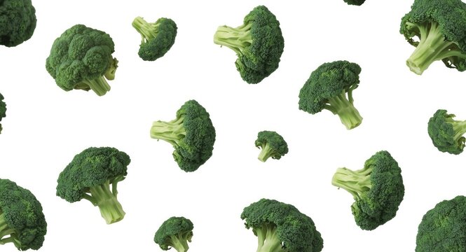 Healthy organic broccoli leaves and stems airborne against white background for veggie packaging design