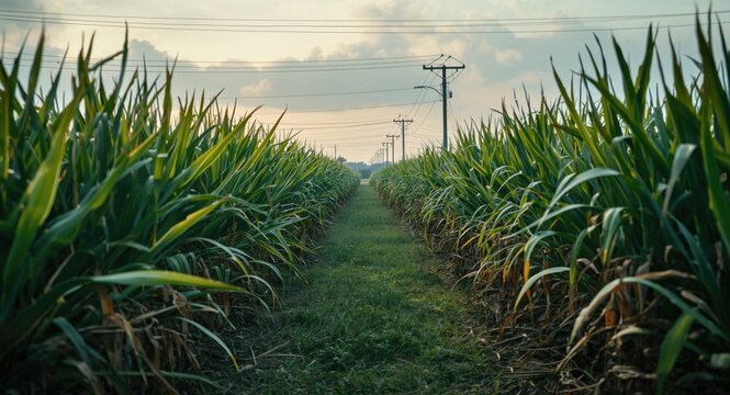 Edges of sugar cane crops meeting expanding urban zone illustrating agricultural urban blend