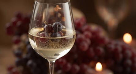 Naklejka premium A glass of sweet white dessert wine with fresh grapes in a cozy setting