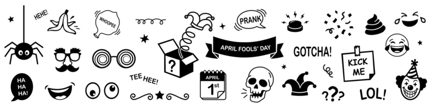 April Fools Day vector illustration design elements collection.  playful joke symbols and cartoon illustrations for humor brand identity, comedy event posters and seasonal holiday marketing campaigns