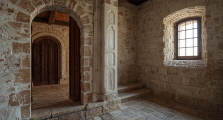Fototapeta premium Old castle corridor with wooden arch doorway, stone steps and natural light from barred window
