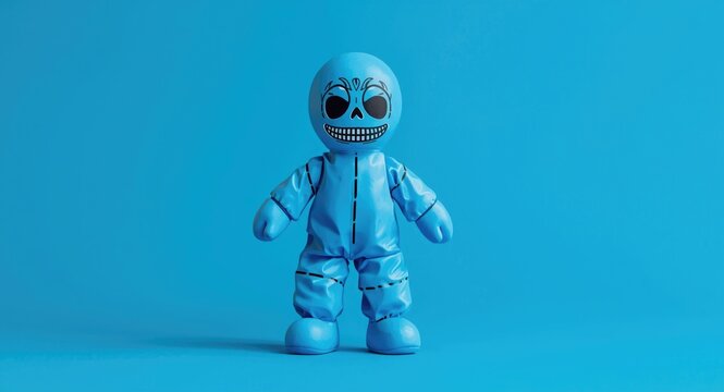 Endearing blue voodoo doll play figure for kids against a blue colored 3D setting