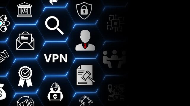 Virtual private network concept with security and connection elements for encrypted communication data protection and safe internet access in digital systems 4k animation video