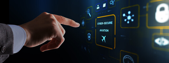 Naklejka premium Advanced cyber security systems protecting modern aviation technology and flight navigation systems