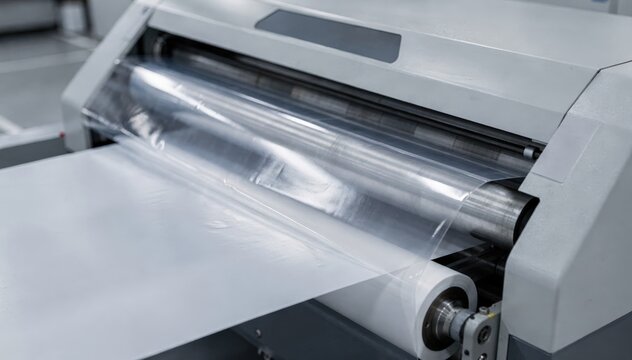 Medium shot of a laminator curing a clear barrier film using a solventless adhesive showcasing ecofriendly finishing with sleek transparent protective layer application.