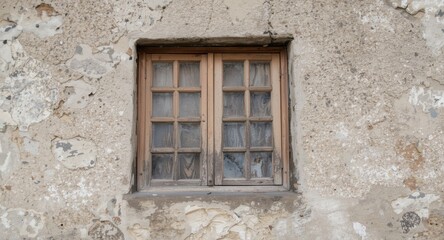 Fototapeta premium Old wooden window frame mounted on rough textured wall