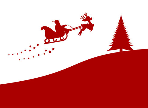 Illustration of a santa claus with sleigh and reindeer in red and white - vector