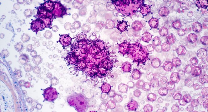 Microscopic examination of lymphoma cells highlighting structural details in tissue samples for clinical research