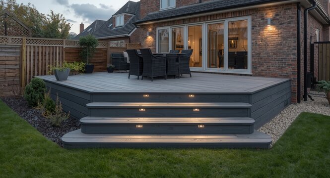 Ash grey composite deck design with split levels and subtle low voltage lighting for enhanced garden aesthetics