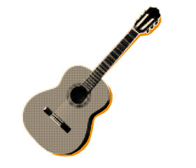 Fototapeta na wymiar Halftone cutout collage of an acoustic classical guitar in a retro pop art sticker style.