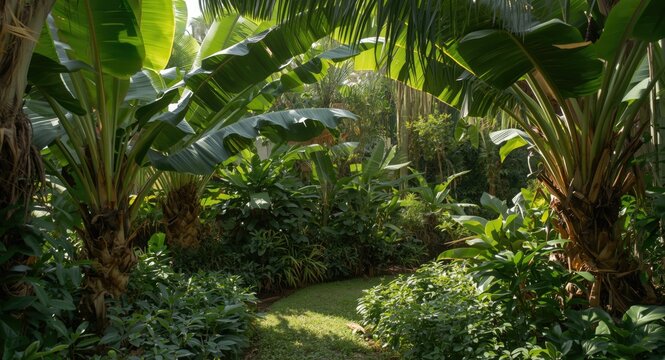Lush garden scene with banana trees and bright tropical leaves under natural soft light
