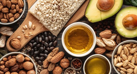 Naklejka premium Omega 3 rich superfoods like nuts seeds fish oils and avocados