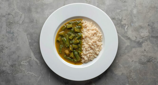 Flat lay showing okra soup and eba meal on a pristine white plate