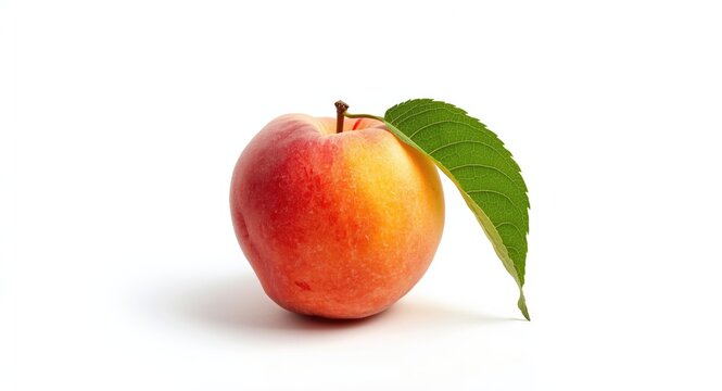 Single ripe peach with a green leaf highlighting accessory fruit on white background