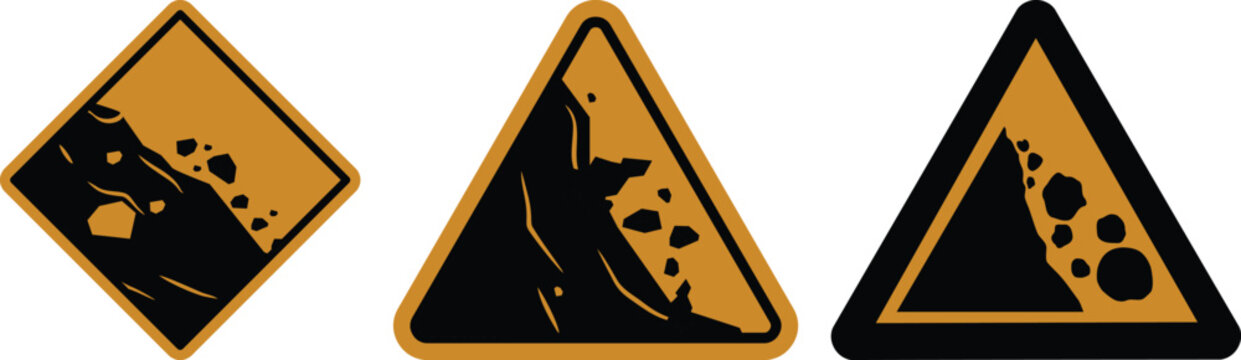 Falling rocks warning sign icon set collection group, landslide danger symbols, road hazard caution signs, rockfall alert vector icons for traffic safety and construction design.