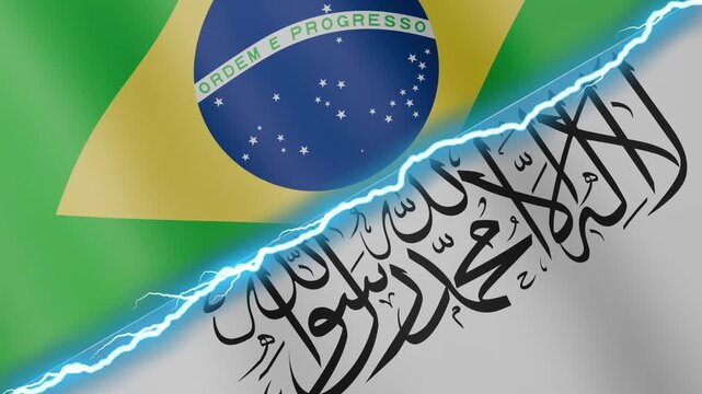 Two waving flags Brazil and Afghanistan with diagonal lightning seamless, 4k loop