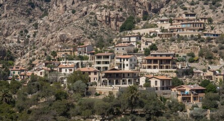 Obraz premium Secluded hillside village with clustered homes amid natural rocky landscape