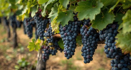 Naklejka premium Full harvest of Pinot Noir grapes in vineyard prepared for wine with copyspace