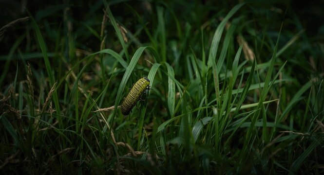 Reed armyworm coming out at night after daytime grass camouflage