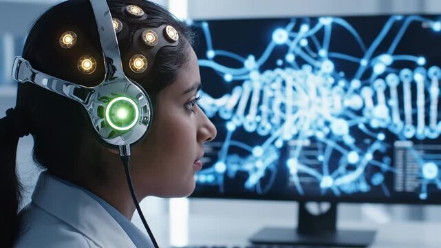 Female scientist conducting neuroscience research analyzing brain activity with eeg headset and neural network display screen in bright modern laboratory