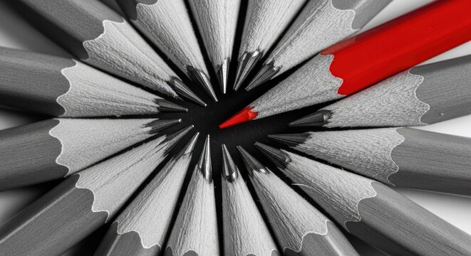 Red pencil amongst gray pencils concept of standing out and leadership
