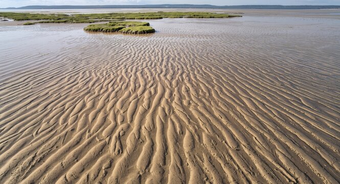 Sandy mudflats in tidal salt marsh exposed by low tide