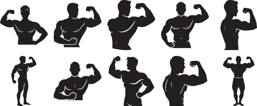 Muscular male bodybuilder flexing biceps pose silhouette set showing fitness strength and bodybuilding athlete