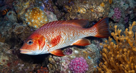 Snapper fish resting on colorful coral with copy space provided