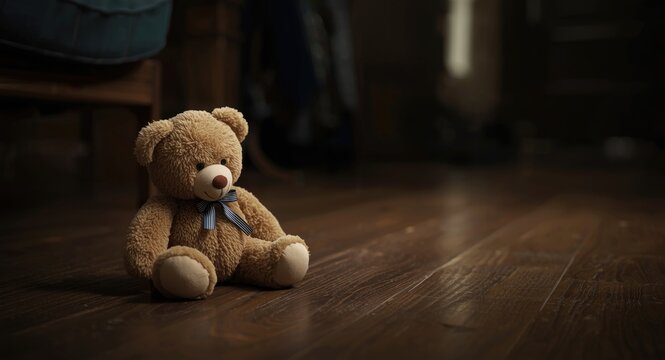 Quiet teddy bear on floor representing sadness and remembrance on Missing Children Day