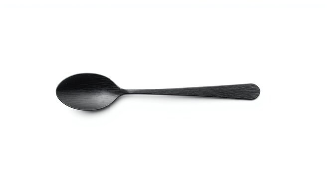 Single ebony spoon placed on white background with clear copy space for design