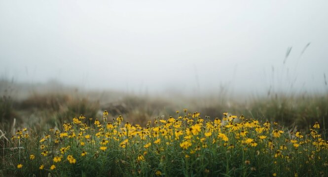 Muted natural scenery backdrop displaying yellow green hues and flowering Tussilago farfara under gray sky