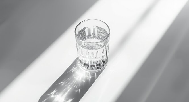 Light and shadow play on white surface created by crystal glass and water under sun